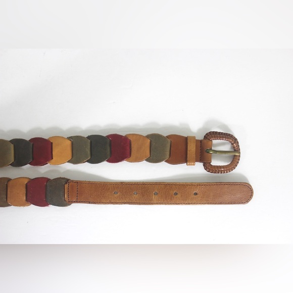 Vintage Multicolour Leather Link Belt Faded Colours Red Tan Green Blue Woven - Picture 3 of 8